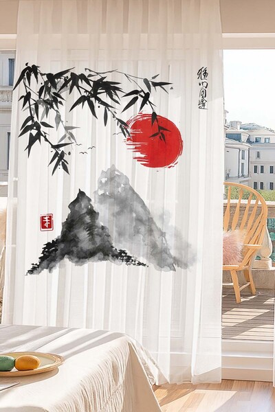 3D ELSE HALI Japon Dağları Manzara Desenli Dijital Baskı Tül Perde Salon Mutf...