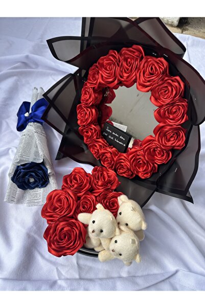 SATENCE STORE Romantik Ayna ve Gül Aranjman Seti | Pelüş Ayıcık ve Tek Gül Bu...