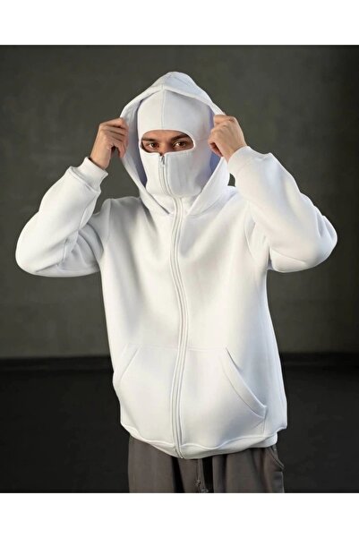 Risil-Nu Company New Season Unisex White 3 Thread Thick Fabric Ninja Jacket - Mask Detail, Double Zipper