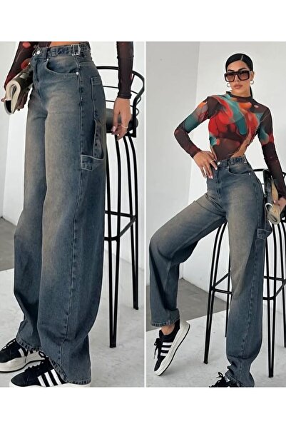 LAMİRA ALLEY Apoletli K.Tint Pantaloni de damă din denim cu detaliu curea Jean Tint