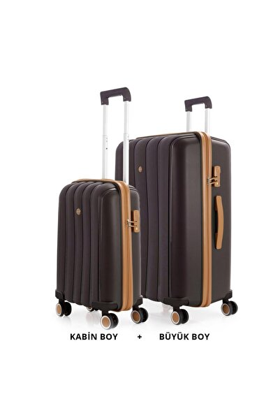 MÇS Bavul Büyük ve Kabin 2li Set Silikon Valiz V305 Kahve/Şamp