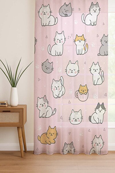 Else Dekor Pink Cute Cats Patterned Digital Printing Tulle Curtain Living Room Kitchen Bedroom 140X260Cm