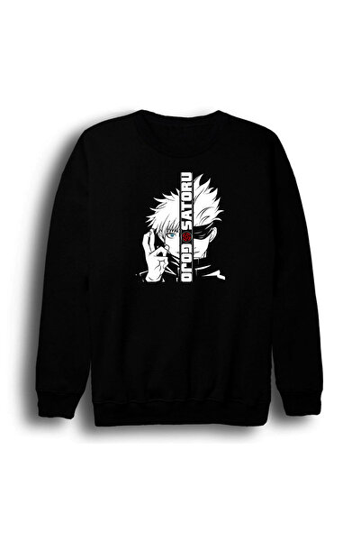 fame-stoned Μαύρο φούτερ με λαιμόκοψη από 100% βαμβάκι με στάμπα Anime Jujutsu Kaisen Satoru Gojo