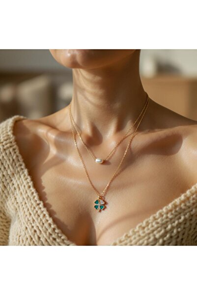 toptanhanem Minimalist Kadın Kolye – İkili Zincirli, İnci ve Yonca Figürlü, A...