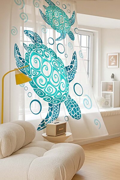 Else Dekor Turquoise Caretta Turtle Patterned Digital Printing Tulle Curtain Living Room Kitchen Bedroom 140X260Cm