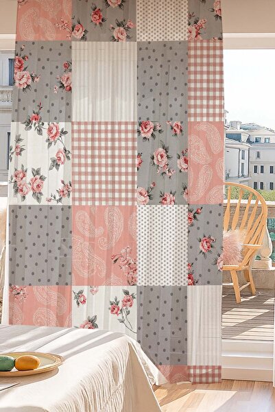 Else Dekor Grey Pink Retro Floral Pattern Digital Printing Tulle Curtain Living Room Kitchen Bedroom 140X260Cm