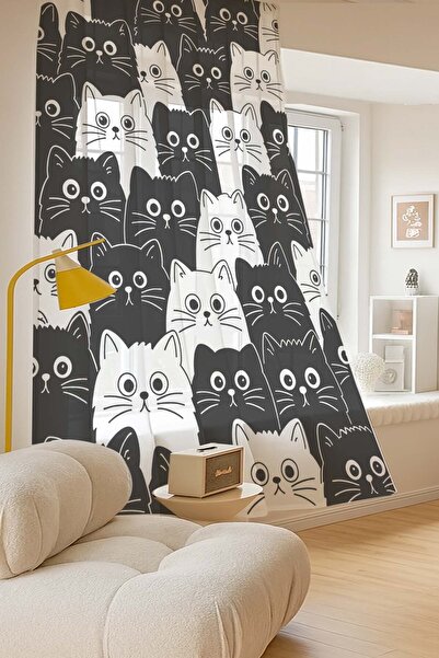 Else Dekor Black and White Cats Patterned Digital Printing Tulle Curtain Living Room Kitchen Bedroom 140X260Cm