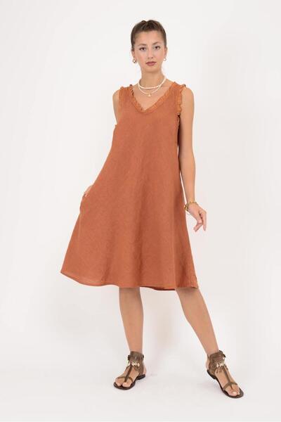 Park Moda 140461 Firfir Detailled Sleeveless Linen Dress