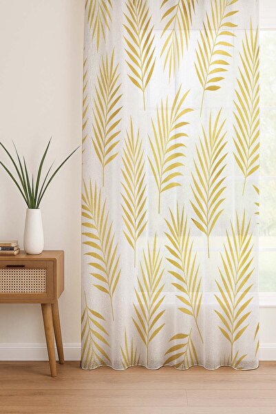 Else Dekor Gold Palm Leaf Pattern Digital Printing Tulle Curtain Living Room Kitchen Bedroom 140X260Cm