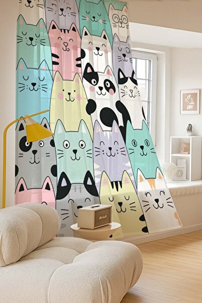 Else Dekor Colorful Cats Patterned Digital Printing Tulle Curtain Living Room Kitchen Bedroom 140X260Cm