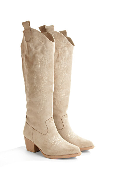 EPTC Cream Embroidered Western Boots – Cowboy Style Thick Heeled Women's Boots