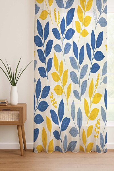 Else Dekor Yellow Navy Blue Floral Patterned Digital Printing Tulle Curtain Living Room Kitchen Bedroom 140X260Cm