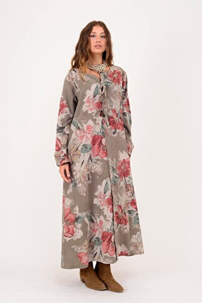 Park Moda 11411 LOVA ÇİÇEK DESEN DÜĞME DETAYLI FİTİLLİ KADİFE ELBİSE