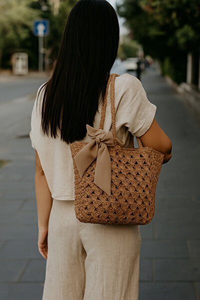 MomStyle El Örgüsü Hasır Görünümlü Deri Kapaklı Kadın Çapraz Çanta