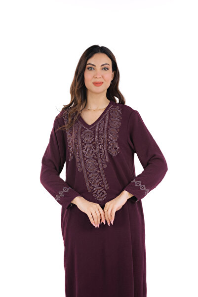 amaan Women's Long Jalabiya Dress, Embroidered Rhinestone Design, V-Neck, Floor Length