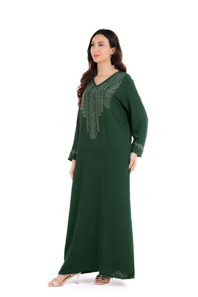 amaan Women's Long Jalabiya Dress, Embroidered Rhinestone Design, V-Neck, Floor Length
