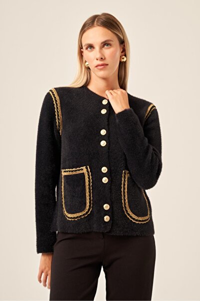 FTZ WOMEN Women's Glitter Stripe Detailed Cardigan Black 25087