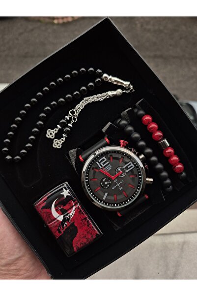 WERWOLF BAY KOL SAATİ SETİ SİYAH KIRMIZI RENK BAYRAK ÇAKMAKLI