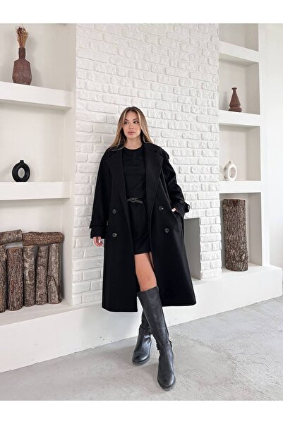 Store Kolu Kemerli Omzu Düğme Detaylı Kuşaklı Kaşe Kaban