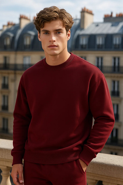 COMBİNE MİCHAİL سترة رجالية ذات ياقة دائرية وحجم كبير باللون الأحمر الداكن