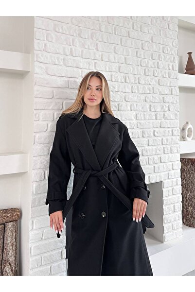 Store Kolu Kemerli Omzu Düğme Detaylı Kuşaklı Kaşe Kaban