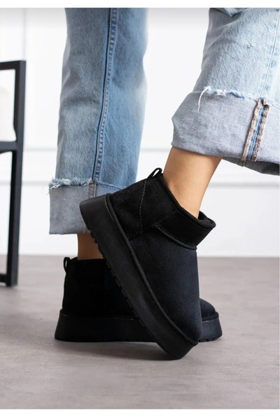 BS BEYAZ SHOES Kalın Dolgu Kaymaz Tabanlı Uggy Bilekte Kısa Süet İçi Mini Kadın Yünlü Bot