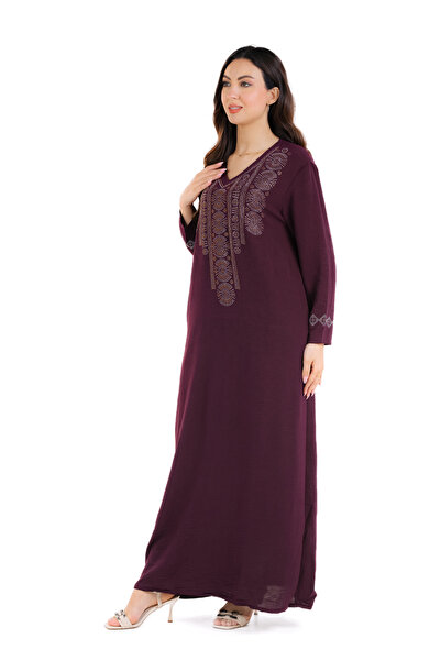 amaan Women's Long Jalabiya Dress, Embroidered Rhinestone Design, V-Neck, Floor Length
