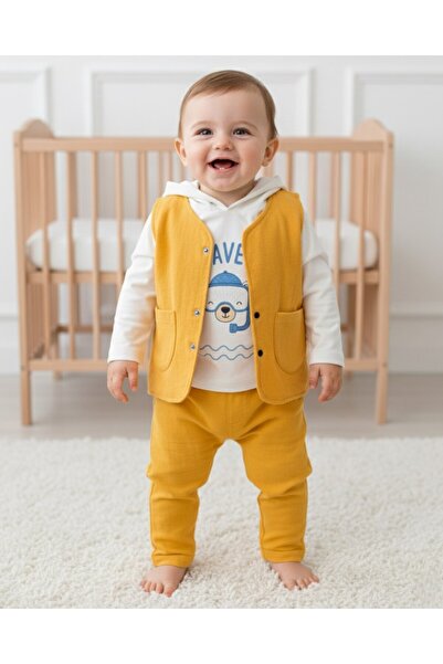voyyo kids baby Erkek Bebek 3'lü Yelekli Müslin Takım, 6-9-12-18 Aylık Şık Mevsimlik Takım