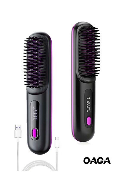 OAGA فرشاة فرد الشعر اللاسلكية، مشط فرد الشعر الأيوني السيراميكي الصغير المحمول ومكواة تجعيد الشعر