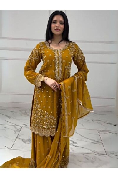 MYSMAR دوباتا من قماش جورجيت صناعي أصفر خردلي - HRT4470 | أصفر خردلي