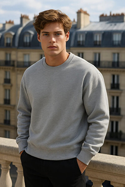 COMBİNE MİCHAİL Ανδρικό πουλόβερ με λαιμόκοψη Oversize Basic Grey