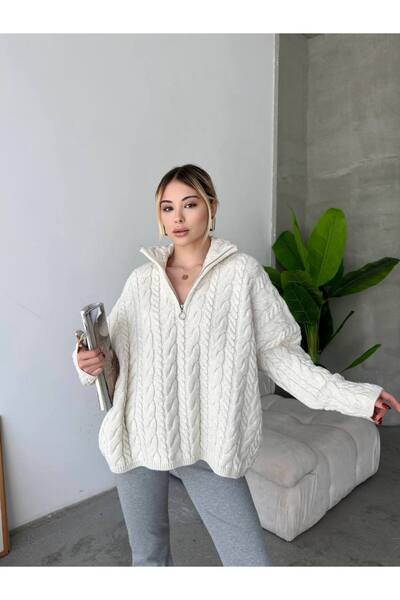 GİYSİ DÜNYASI 57 Knit Fabric Patterned Collar Zippered Braided Detail Sweater