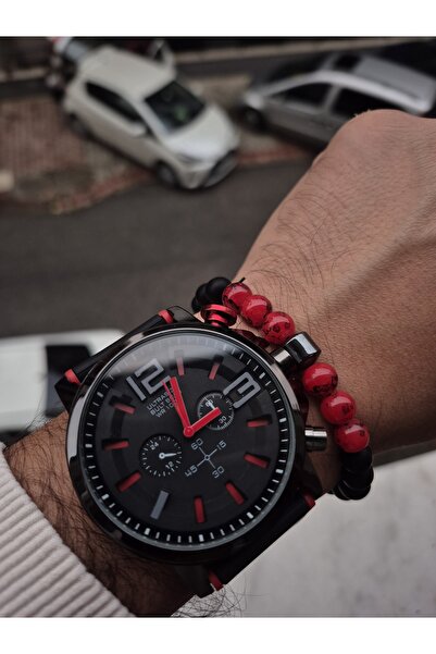 WERWOLF BAY KOL SAATİ SETİ SİYAH KIRMIZI RENK BAYRAK ÇAKMAKLI