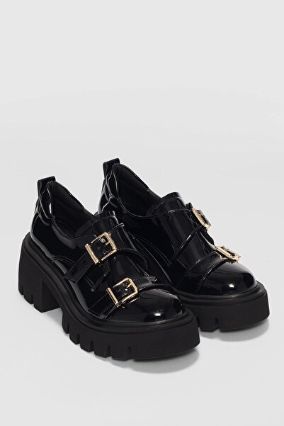 selin shoes Rost Çift Toka Detaylı Yüksek Taban Kadın Loafer-SİYAH RUGAN