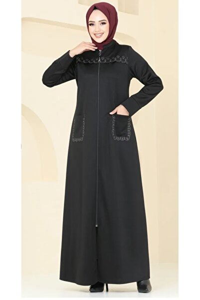 ZENNE MODA Atlas kumaş sonbahar kış pardesü ferace siyah renk