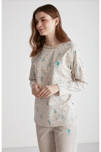 DREAM FASHION New Year Themed Ecru Women's Pajama Set