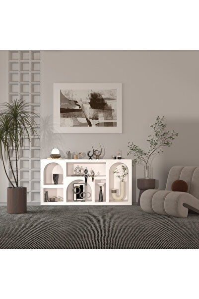 klubeconcept %100 MDF Beyaz Renk Modern Dekoratif Nişli Konsol 160x80 cm Rafl...