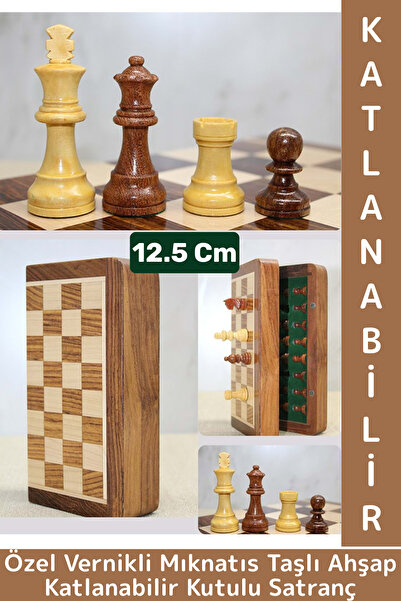 Wintoup Premium Yüksek Kalite Özel Vernikli Mıknatıs Taşlı Ahşap Katlanabilir Kutulu Satranç Takımı 12.5 Cm
