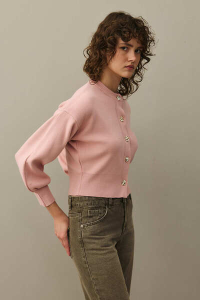 Fahhar Gold Buttoned Knitwear Cardigan Pink