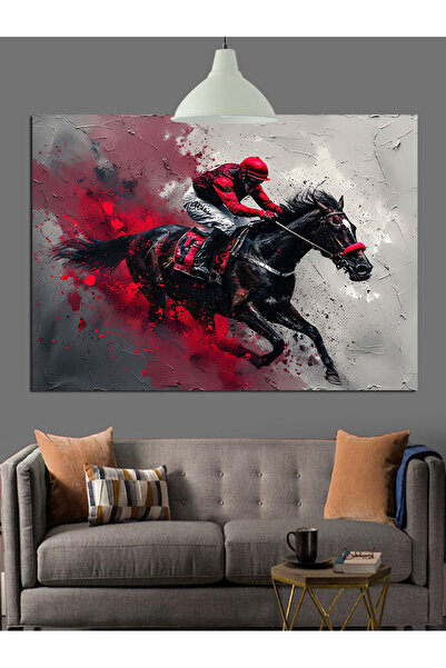 Artmeg Black Horse Fast Jockey Decorative Canvas - Mdf Wood Painting