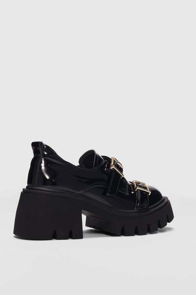 selinshoes Rost Double Buckle Detailed High Sole Women's Loafer-Black Patent Leather