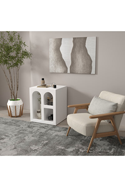 klubeconcept Modern Tarz Beyaz Nişli Sehpa Küçük Alanlar İçin Şık Raf Ünitesi