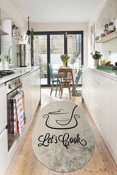 Modern Oval Kitchen Rug with Digital Printed Washable and Non-Slip Base Cooking Pot Figure