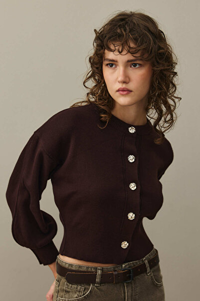 Fahhar Gold Buttoned Knit Cardigan Plum