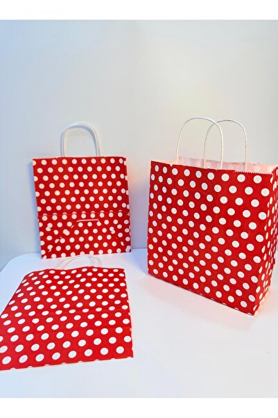 aybaş kağıtçılık 1.Kalite 18x24 Cm (10 Adet) Kırmızı Renk Beyaz Benekli Kraft Kağıt Çanta,Hediye Poşeti,Hediye Paketi