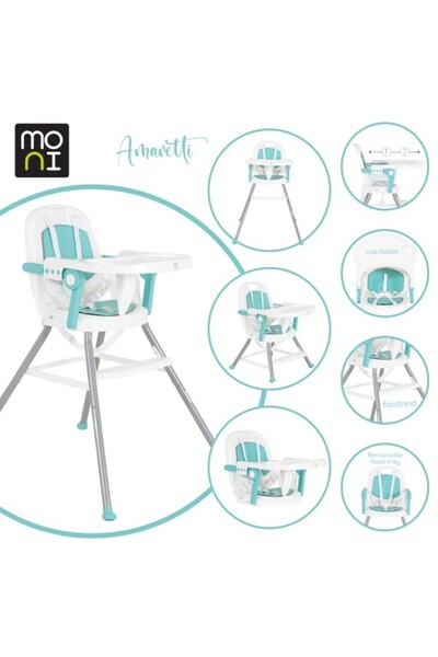 Moni Scaun înalt 3 în 1 Amaretti Mentă, tavă de hrănire detașabilă și reglabilă