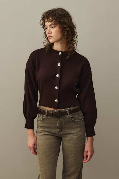 Fahhar Gold Buttoned Knit Cardigan Plum