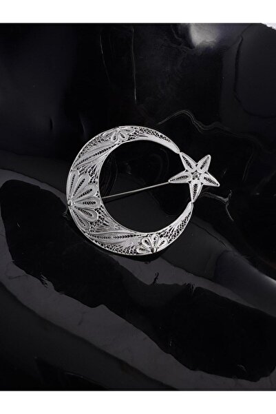 Sahra Gümüş Ay Yıldız Motifi El Işi Telkari Gümüş Broş & Yaka İğnesi