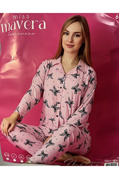 Mavera kurdele desenli uzun kollu gömlek yaka kadın pijama takımı