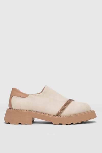 selinshoes Nivan Women's Loafer with Stone Detail on the Front - Ecru Suede